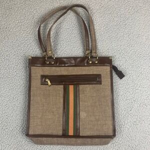Vintage 70s Tweed Satchel Tote Bag Handbag Striped Business 12x13 Retro Purse‎